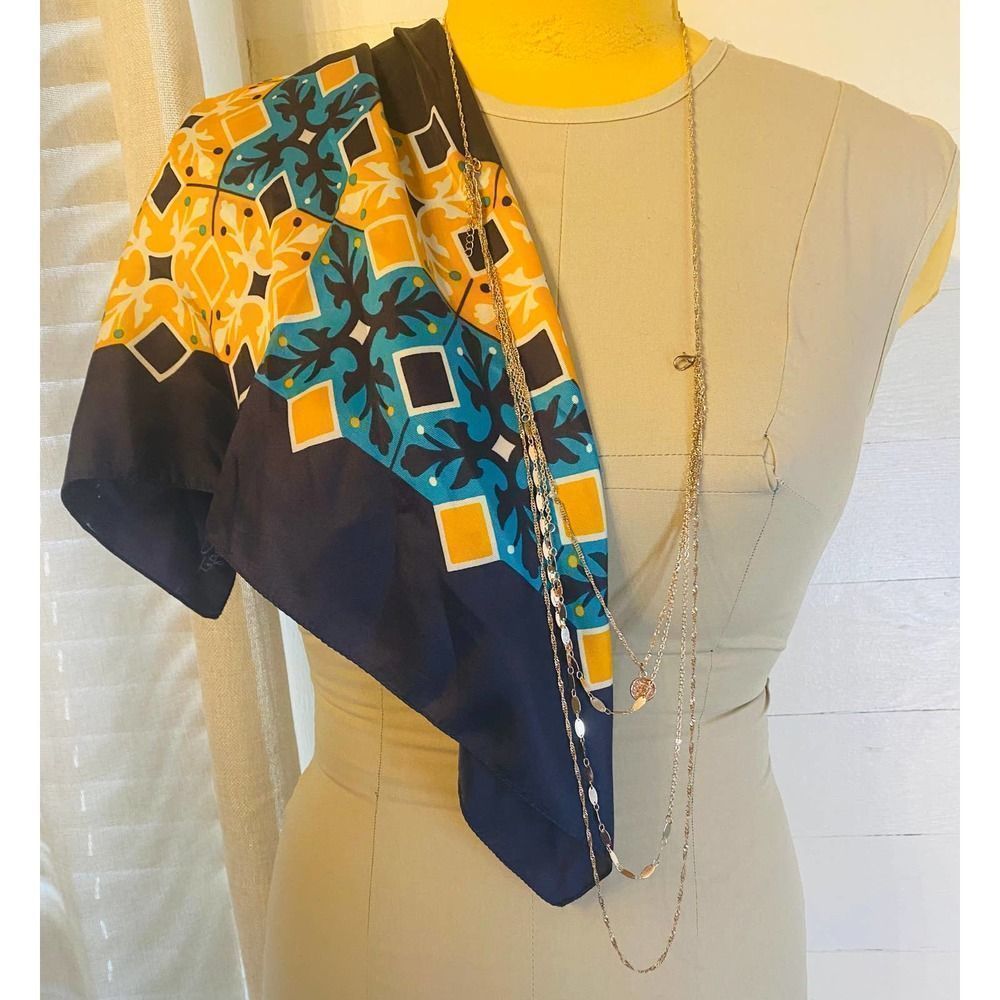Vintage Jacques Piaget Silk Scarlette Geometric Blue Gold - Picture 3 of 4
